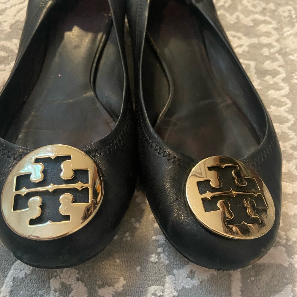 Black leather Tory Burch flats from Nordstrom’s, worn, no box